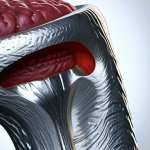 의료용 신소재 - Biocompatible Implant**

"Close-up of a cutting-edge biocompatible hip implant seamlessly integrated...