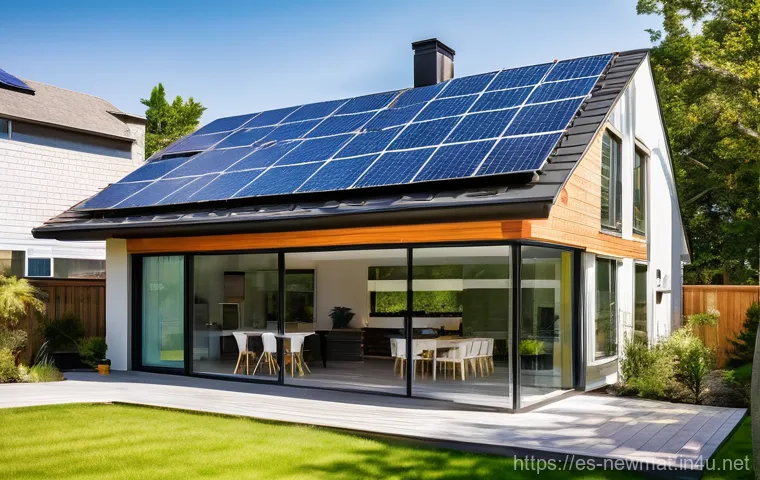 고효율 태양전지 - A Sustainable, Modern Family Home Powered by High-Efficiency Solar:**
A vibrant, wide-angle shot of ...