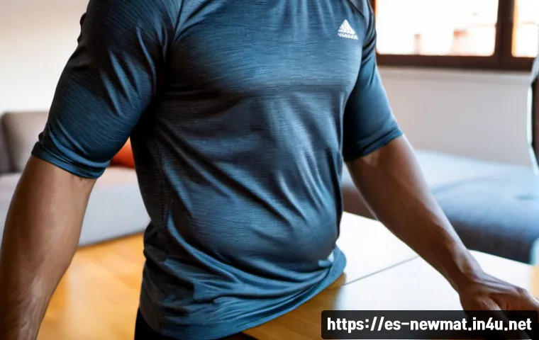 스마트 패브릭 - Photorealistic close-up of a modern smart fabric athletic shirt draped over a clean wooden table, su...