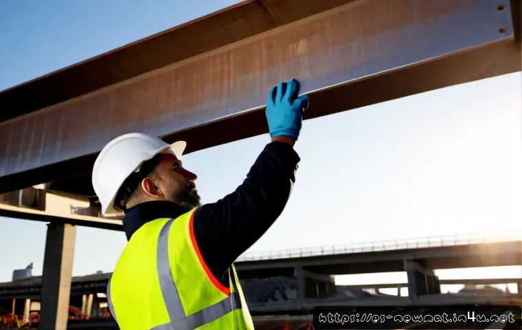 고강도 소재 - Photorealistic close-up of a Spanish civil engineer in safety helmet and reflective vest examining a...