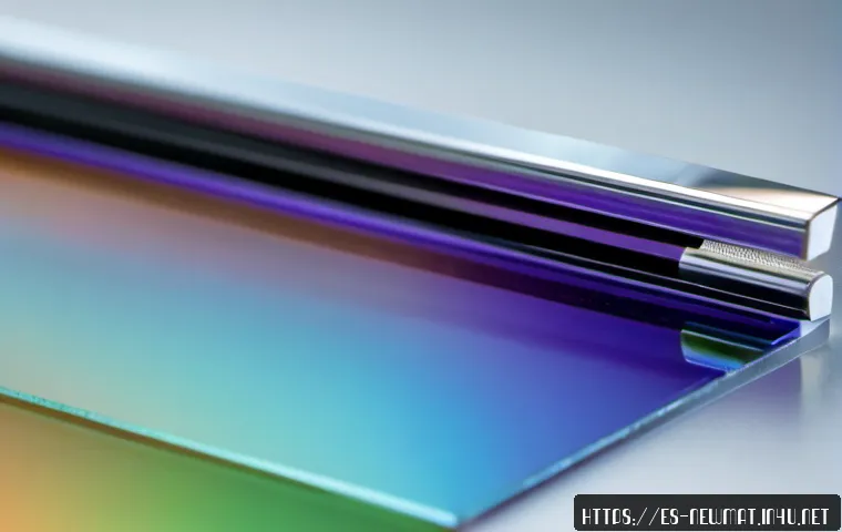 OLED 소재 - Photorealistic macro view of OLED material research: thin luminous organic film layers on a pristine...
