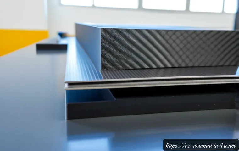 Home 17 고성능 내구성 소재 - Photorealistic close-up of high-performance durable materials in a modern engineering workshop, laye...