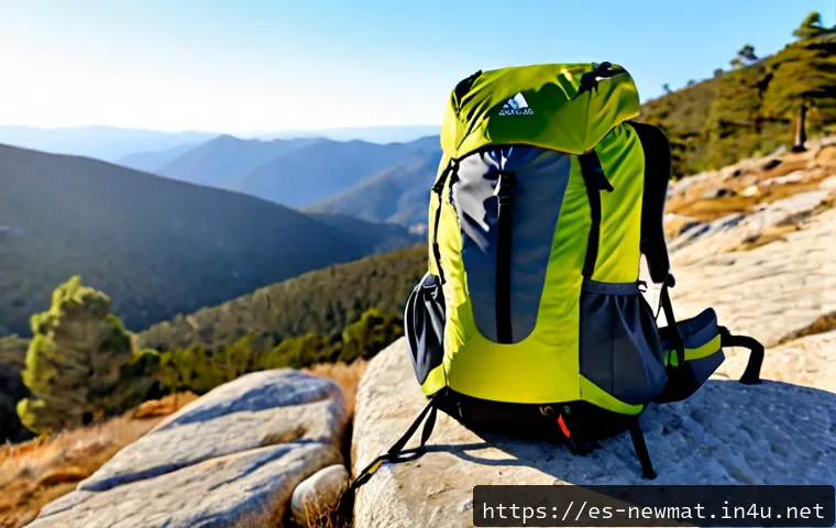 Home 17 초경량 소재 - Photorealistic close-up of an ultralight hiking backpack resting on a sunlit stone trail in the Sier...